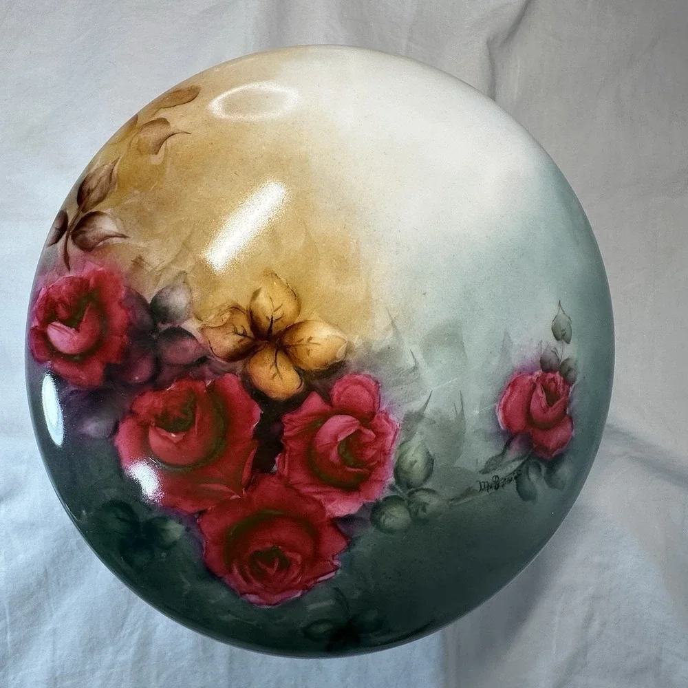 Antique‎ Victorian Hand Painted Cabbage Rose Dresser Jar Signed M Grose 7.5